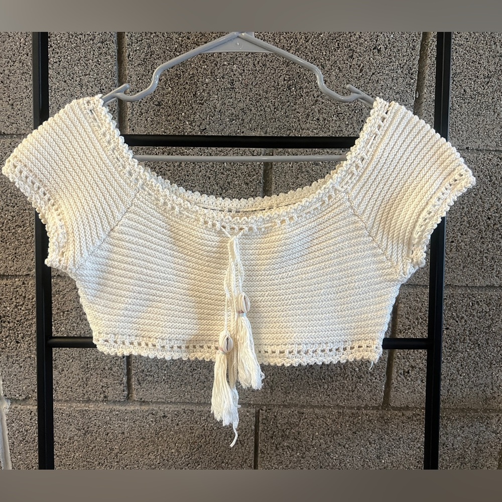 Seashell Tassels Cream Crochet Knit Boho Beach Crop Top